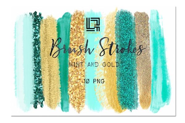 薄荷色&金光闪闪的笔画剪贴画 Mint, gold  glitter.  Brush strokes