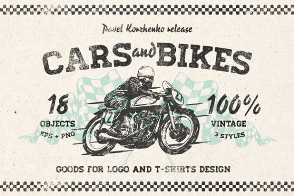 创意手绘老式汽车摩托车剪贴画合集 Hand drawn Cars and Bikes