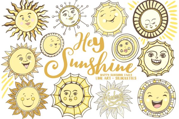 夏季太阳主题人物笑脸插画 Sunshine Face Illustrations