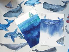 海洋鲸鱼手绘水彩卡通插画装饰画芯数码印刷PNG设计ps素材图