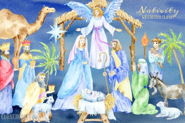 手绘水彩耶稣诞生元素合集 Watercolor Illustration Nativity