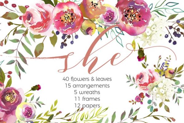 桃色牡丹水彩花卉套装 Peach Peonies Watercolor Flowers Set