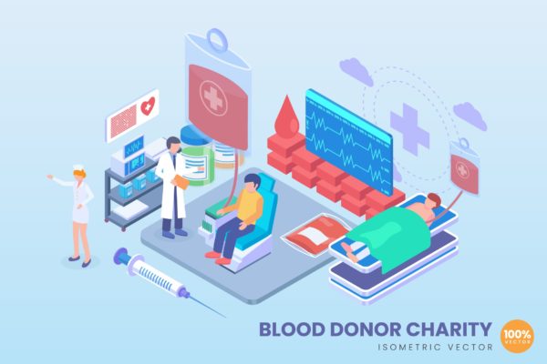 红十字会献血中心等距矢量概念插画 Isometric Blood Donor Charity Vector Concept