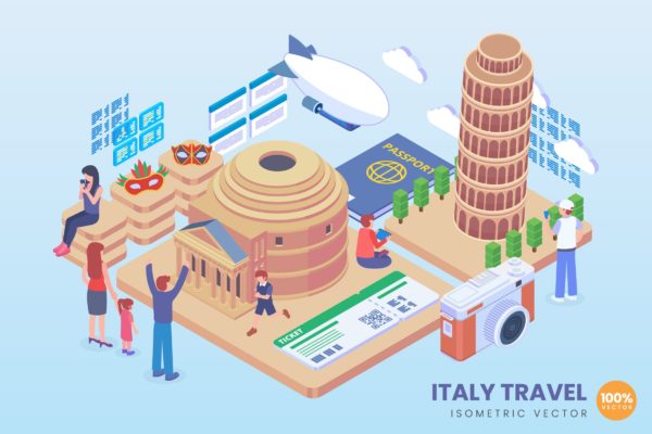 意大利旅行主题等距矢量概念插画 Isometric Italy Travel Vector Concept