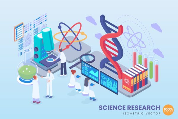 科学研究主题等距概念插画 Isometric science Research Vector Concept