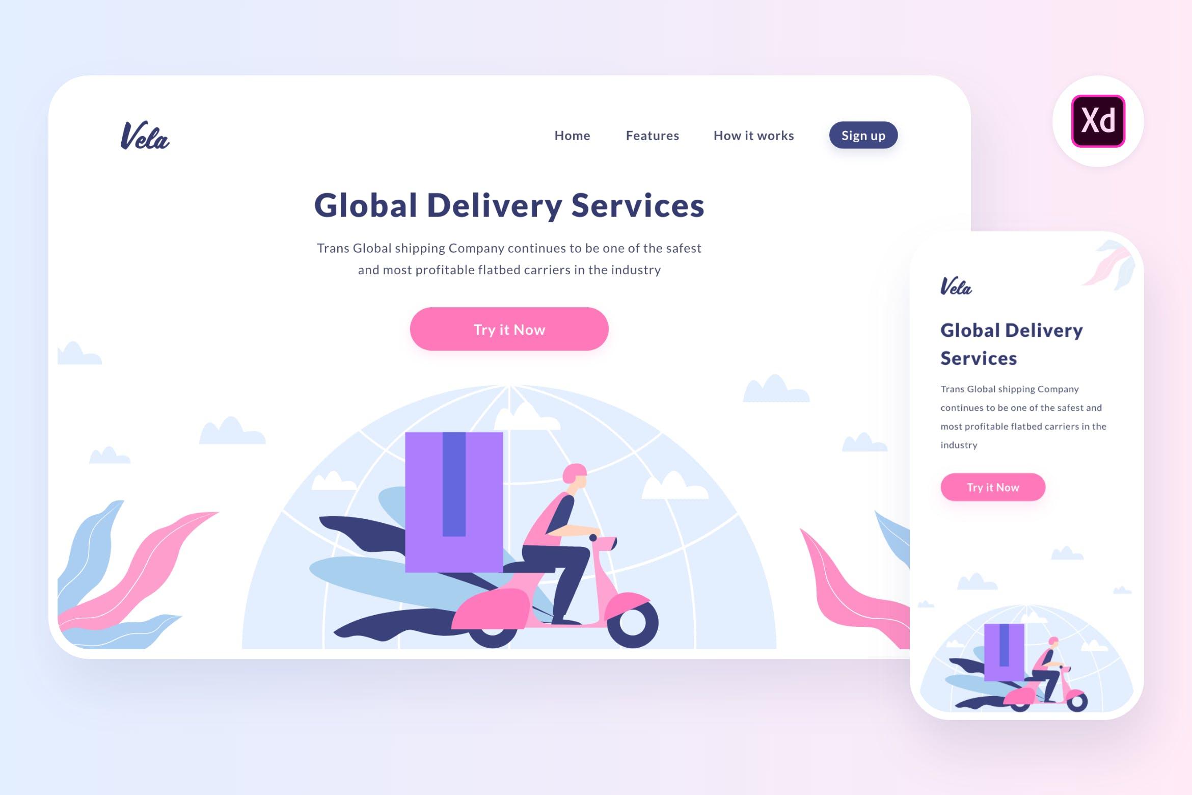 全球物流配送场景APP&Web设计矢量插画[XD&SVG] Vela shipment globe illustration (Adobe XD, SVG)