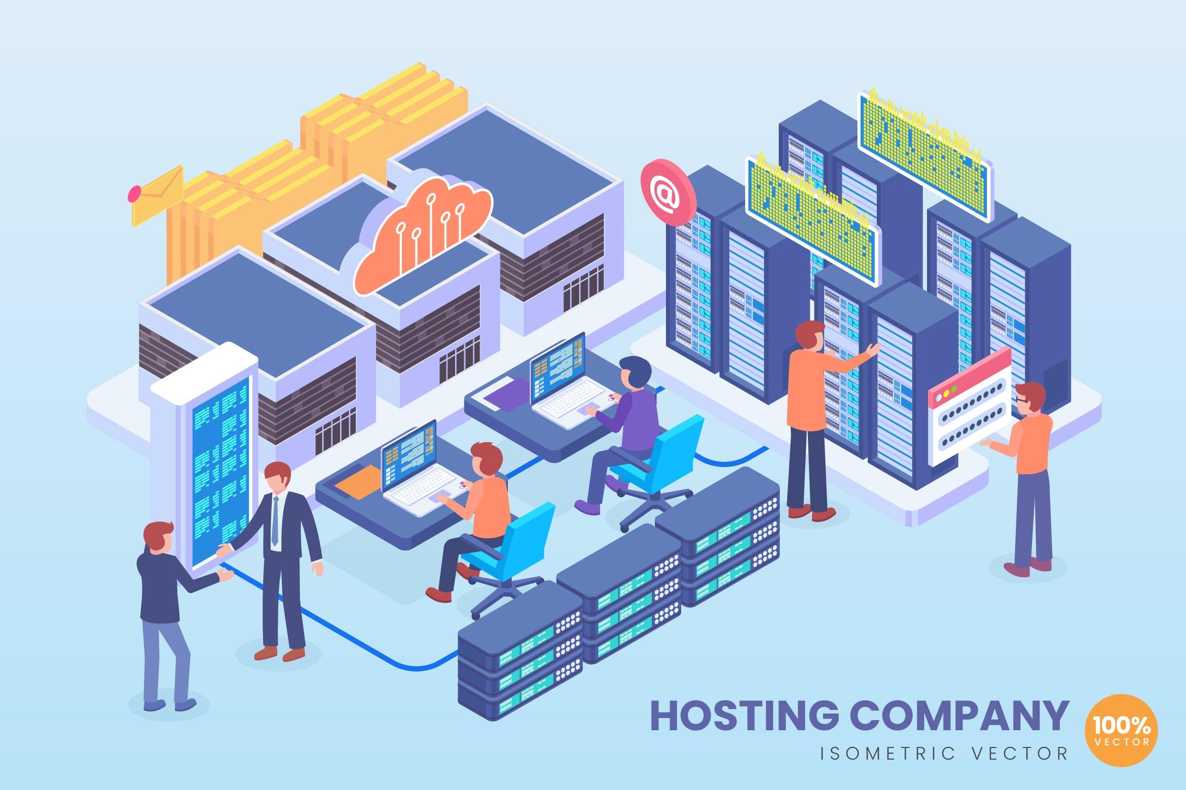 服务器托管公司等距矢量概念插画素材 Isometric Hosting Company Vector Concept