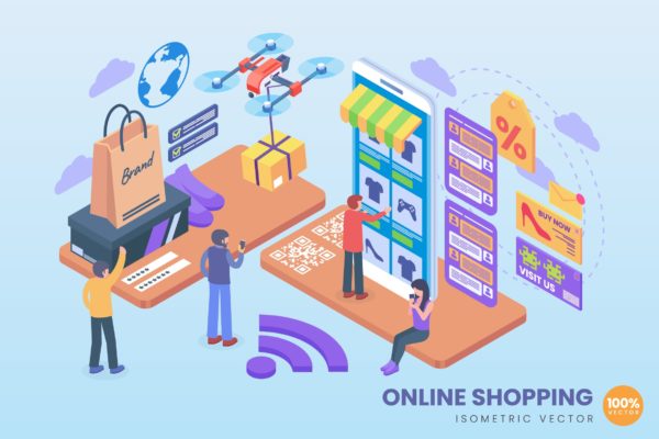 网上购物电子商务主题等距概念插画 Isometric Online Shopping Vector Concept