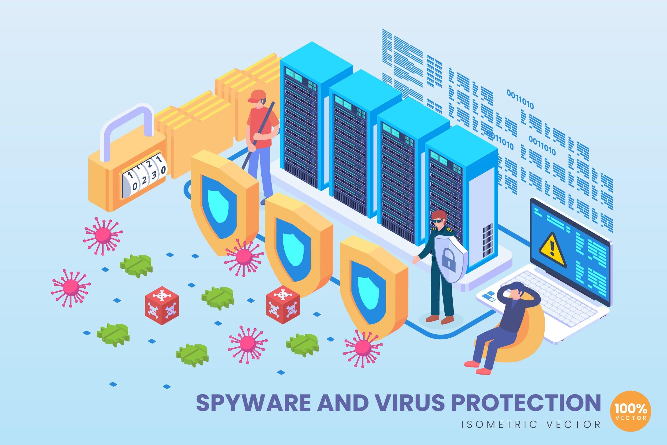 间谍软件与病毒保护主题等距矢量科技概念插画v1 Isometric Spyware And Virus Protection Vector