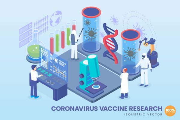 COVID-19冠状病毒疫苗研究主题矢量概念插画 Isometric Coronavirus Vaccine Research Vector