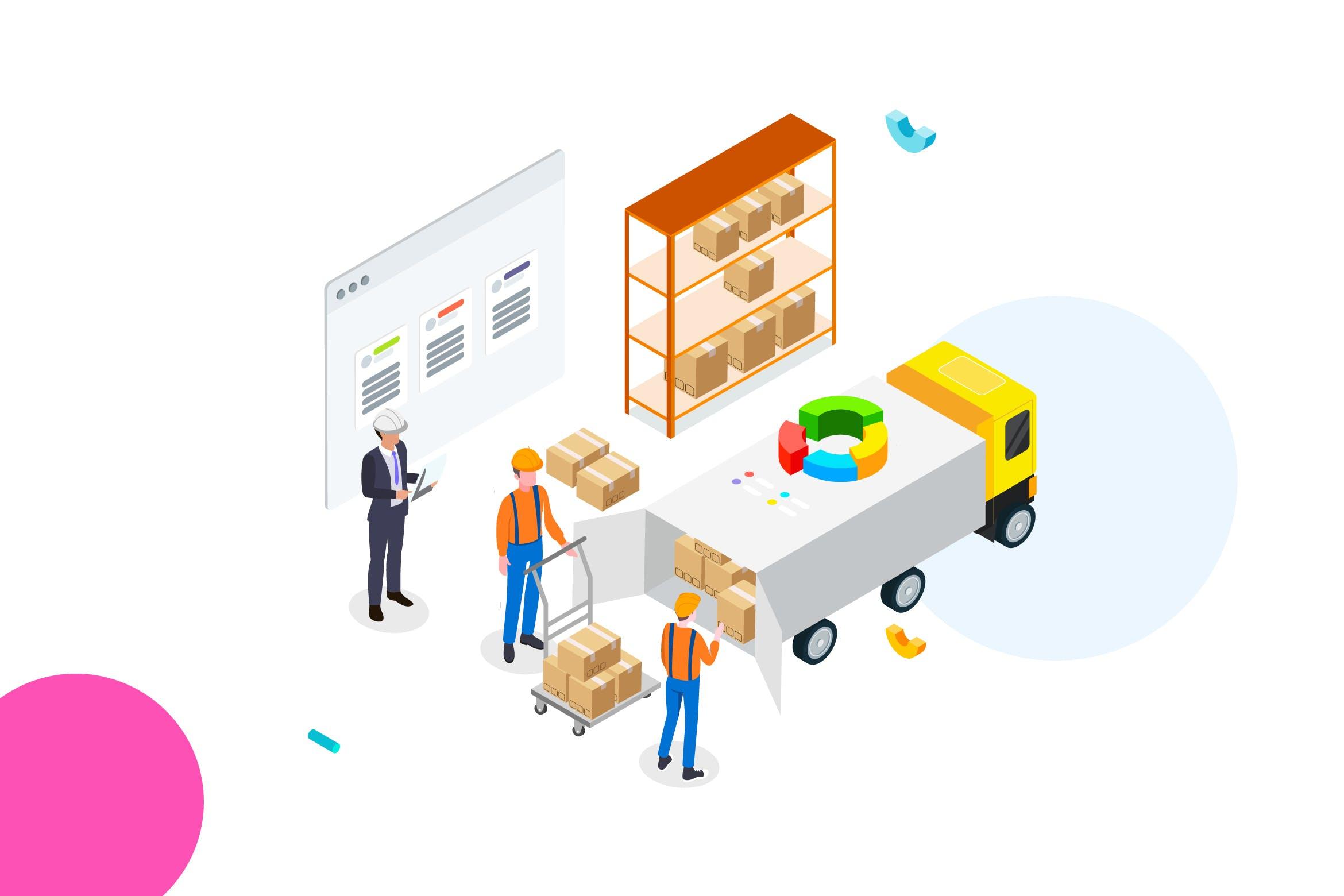 货物管理金融业务场景等距概念插画v1 Goods Management by Finance Isometric – FV