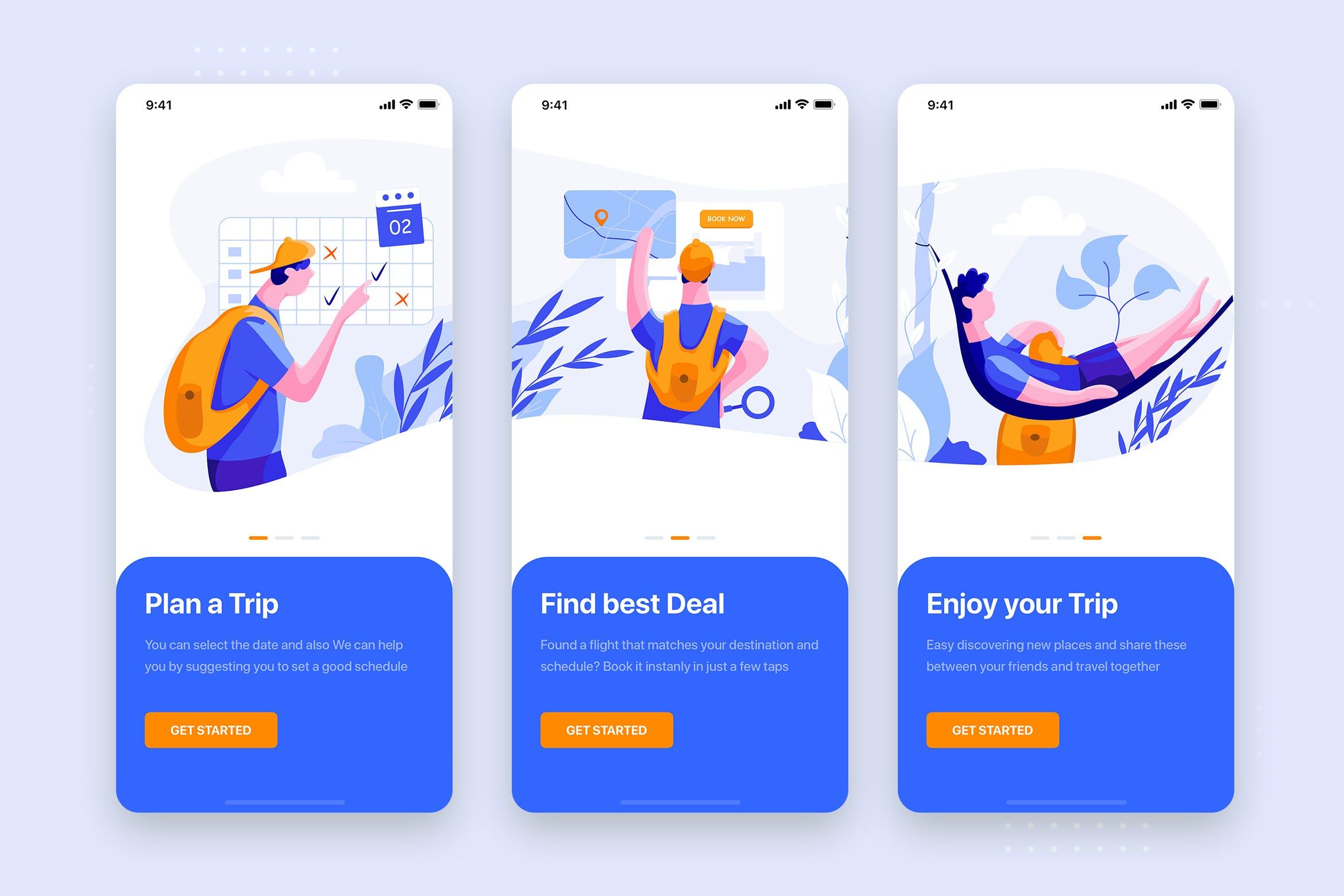 旅游主题APP概念插画引导页设计模板 On boarding for Travel Mobile App