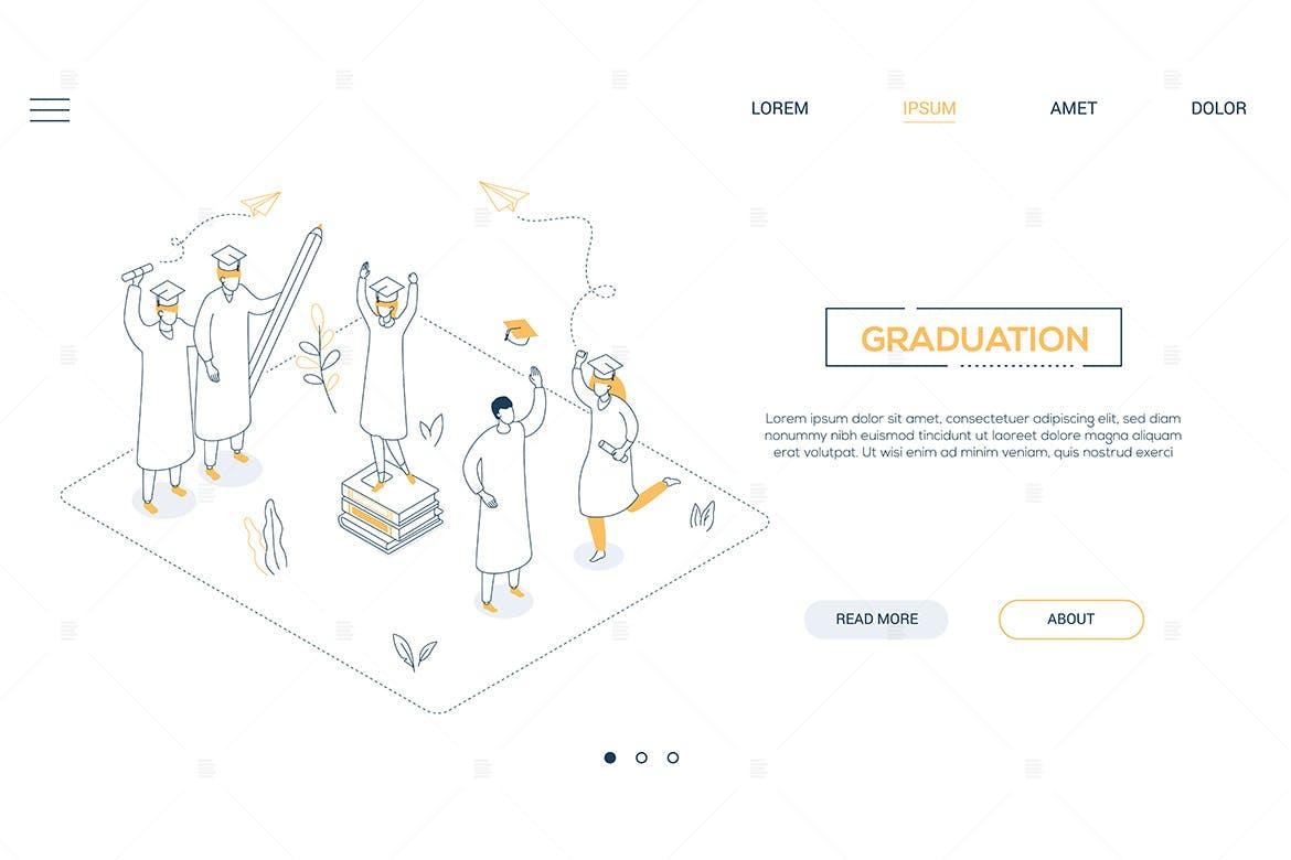 毕业概念插画线性等距网页横幅设计模板 Graduation concept – linear isometric web banner