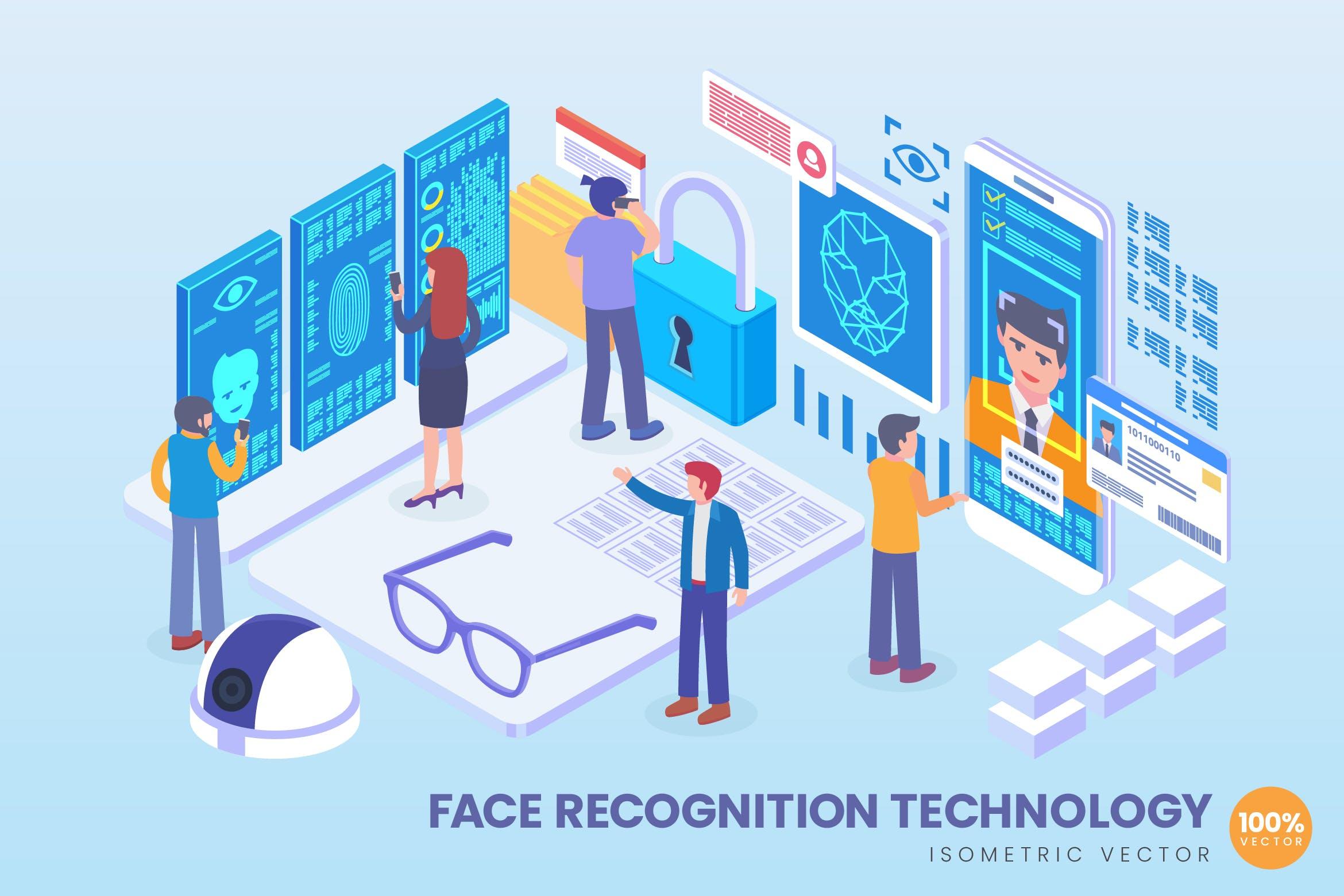人脸识别技术等距矢量科技概念插画v2 Isometric Face Recognition Technology Vector