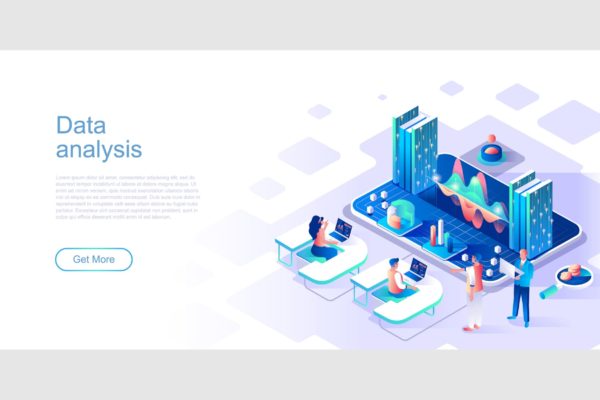 数据分析主题网站设计等距概念插画 Data Analysis Isometric Flat Concept Header