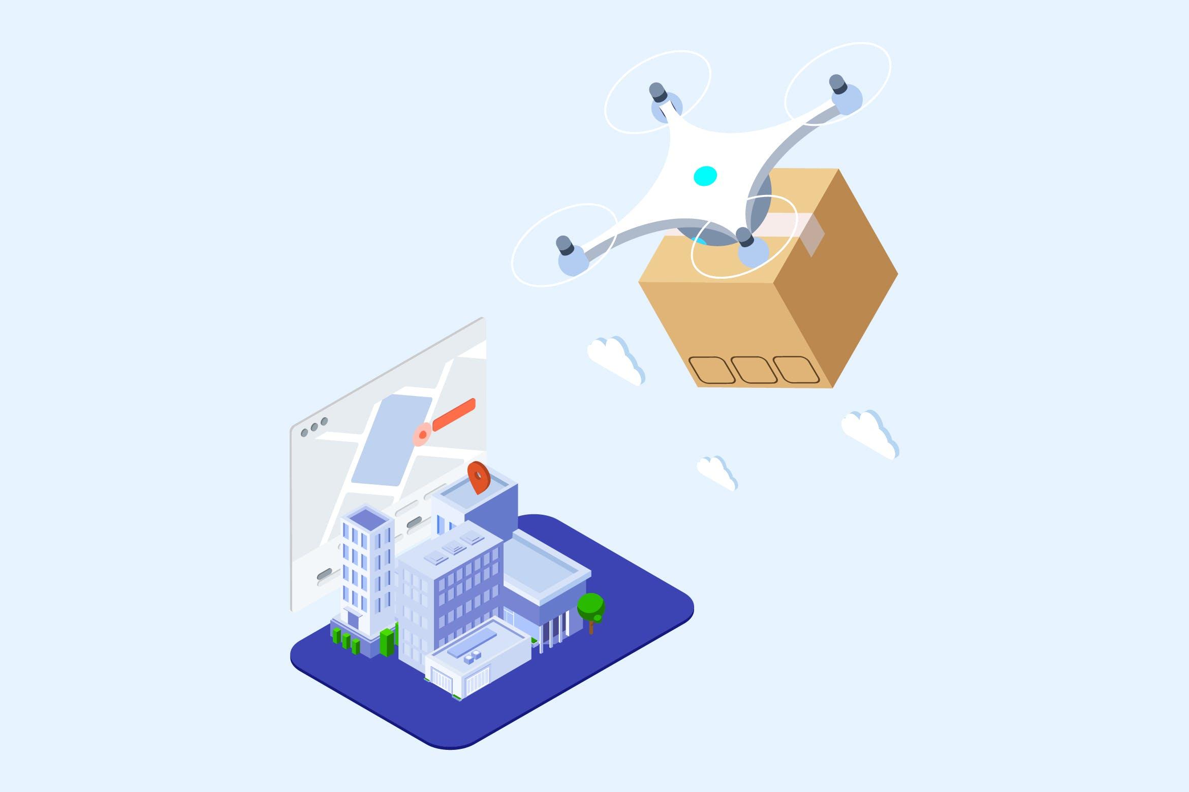 无人机快递派送场景等距概念插画v2 Drones Delivery Isometric Illustration – T2