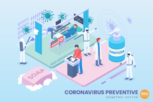 COVID-19冠状病毒预防主题矢量概念插画 Isometric Coronavirus Preventive Vector Concept