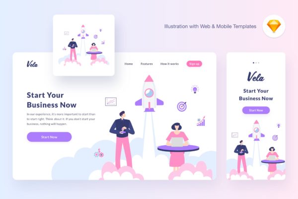 项目启动/企业发展矢量概念插画 Vela startup illustration (Sketch, SVG)