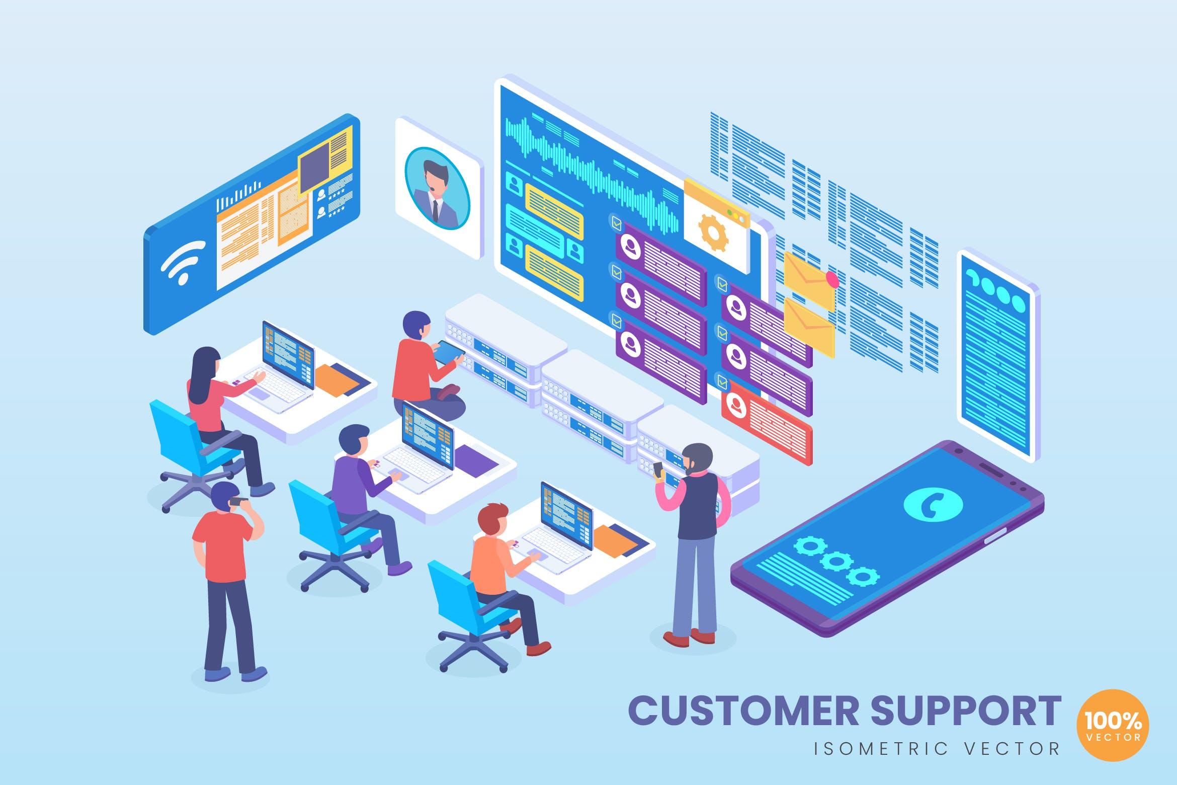 客户支持主题等距矢量概念插画素材 Isometric Customer Support Vector Concept