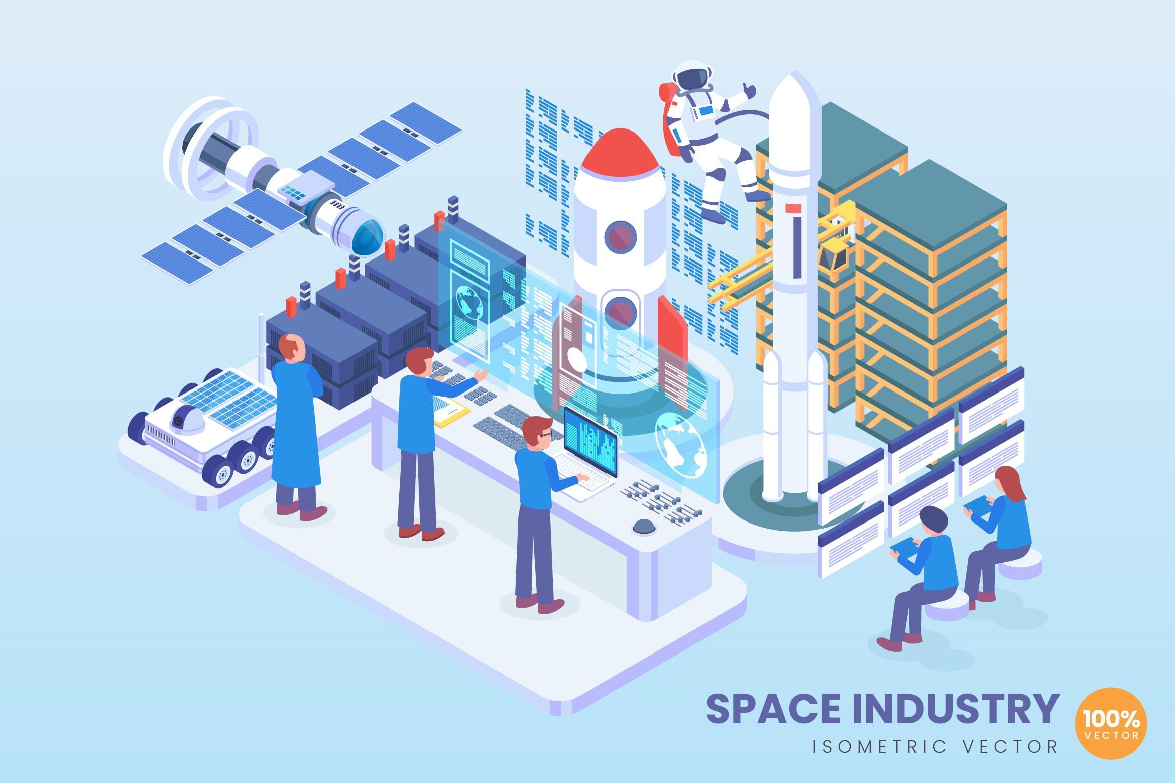 太空工业主题等距矢量科技概念插画v2 Isometric Space Industry Vector Concept