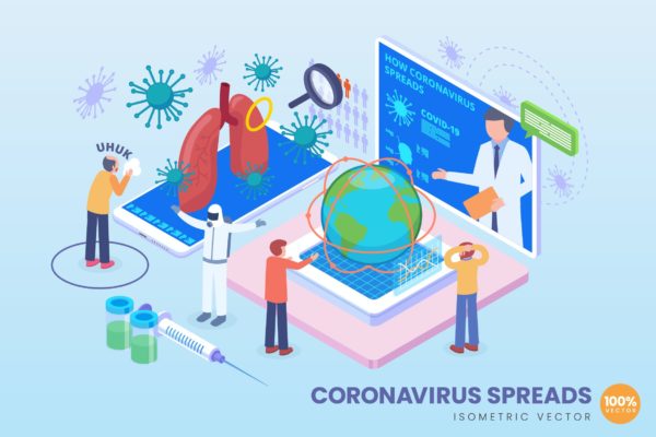 COVID-19冠状病毒传播主题矢量概念插画 Isometric Coronavirus Spreads Vector Concept
