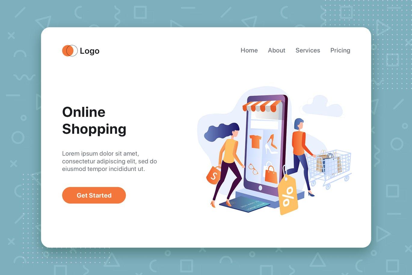 网上购物主题网站首页设计概念插画 Online Shopping flat concept for Landing page