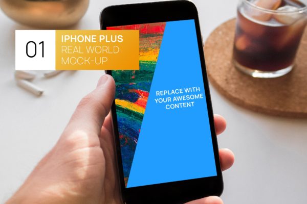 逼真手持iPhone Plus屏幕预览模板 iPhone Plus in hand Real World Mock-up