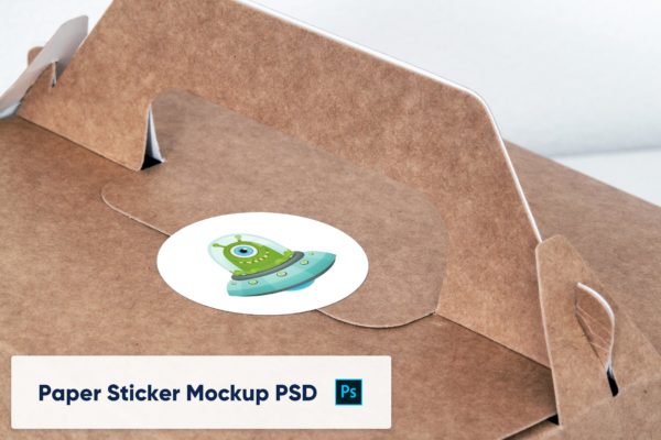 牛皮纸外带包装贴纸Logo设计展示样机模板v1 Paper Sticker on Paper Box – Mockup PSD