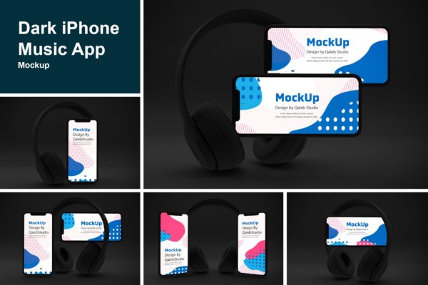 深色背景iPhone音乐APP应用UI设计效果图样机 Dark iPhone Music App Mockup
