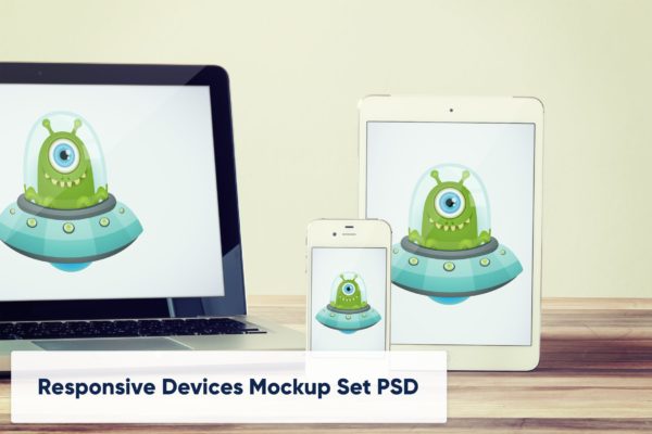 实木桌子背景响应式网站设计展示前视图样机模板 Laptop, Tablet and Phone on Wooden Desk – Mockup