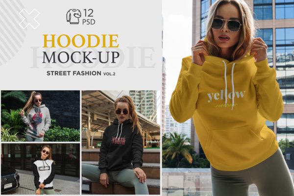 街头风格时尚卫衣连帽衫设计效果图样机v2 Hoodie Mock-Up Street Fashion vol.2