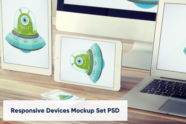 响应式网页设计预览多设备组合样机模板 Tablets and Laptop on Wooden Desk – Mockup Set PSD