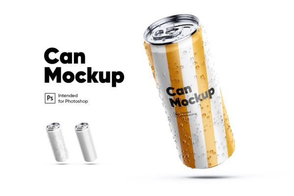 倾斜状易拉罐饮料瓶外包装设计预览模板 Can Mockup