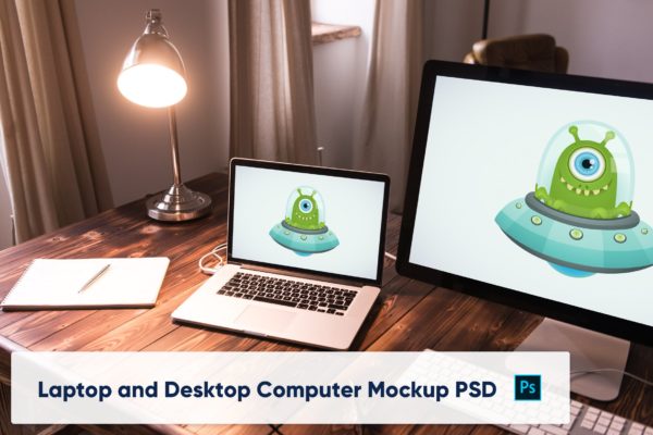 实木办公桌场景MacBook&iMac屏幕预览样机模板 Desktop Computer and Laptop on Wooden Desk PSD