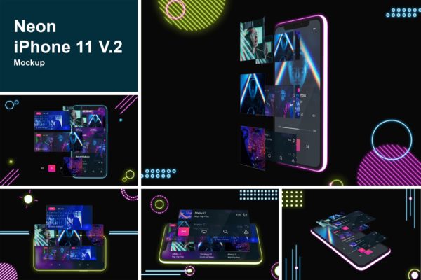 霓虹灯背景iPhone 11手机屏幕预览样机模板v2 Neon iPhone 11 Mockup V.2