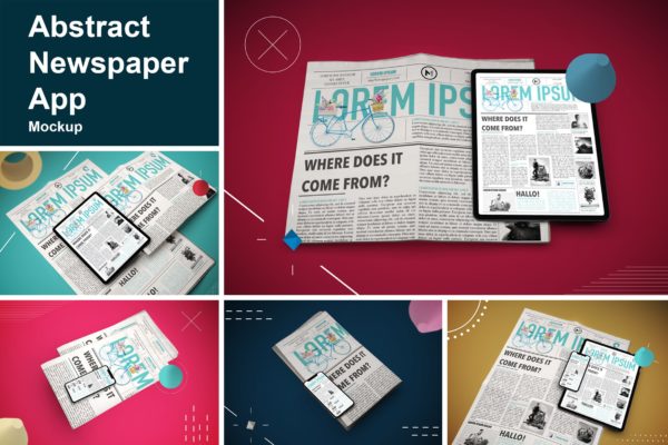 抽象设计风格报纸资讯类APP应用UI设计效果图样机 Abstract Newspaper App MockUp