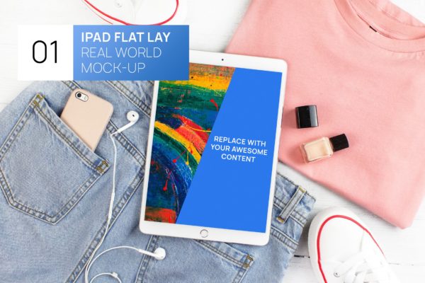 iPad Pro白色样机屏幕预览模板 iPad Pro Bright Flat Lay Real World Mock-up