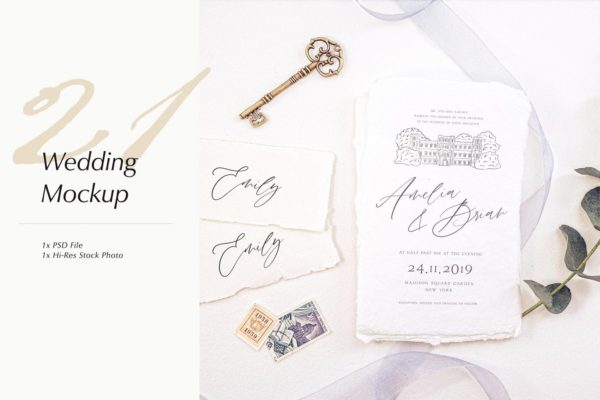 优雅风格婚礼照片&婚礼邀请函设计样机模板v21 Wedding Photo Mockup 21