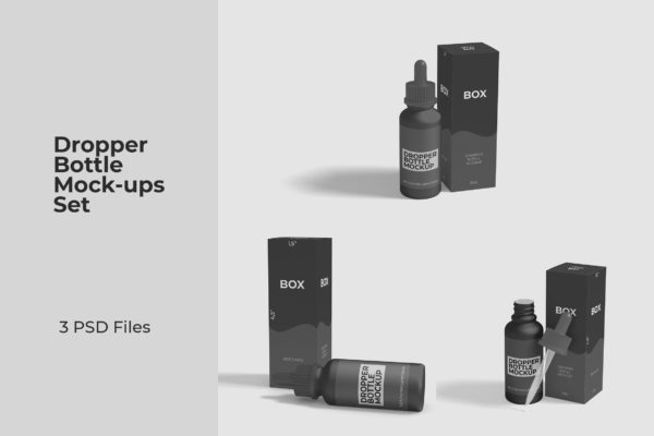滴管瓶外包装盒设计多角度预览模板 Dropper Bottle and Box Mockups Set