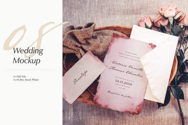 优雅风格婚礼照片&婚礼邀请函设计样机模板v08 Wedding Photo Mockup 08