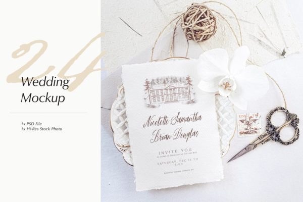 优雅风格婚礼照片&婚礼邀请函设计样机模板v24 Wedding Photo Mockup 24