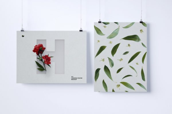 3:4尺寸规格横版&竖版海报/肖像/艺术绘画展示样机 3:4 Two hanging poster mockup, landscape and portrait view