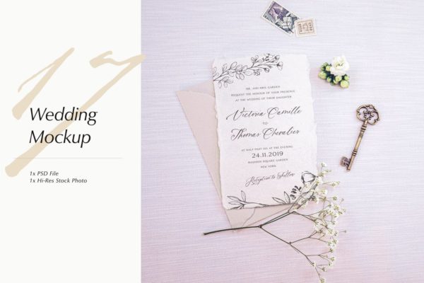 优雅风格婚礼照片&婚礼邀请函设计样机模板v17 Wedding Photo Mockup 17