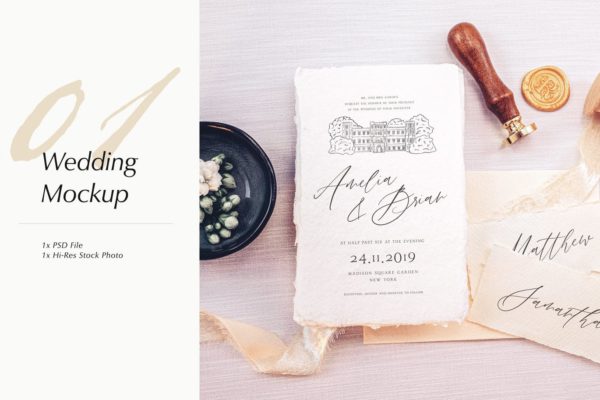 优雅风格婚礼照片&婚礼邀请函设计样机模板v01 Wedding Photo Mockup 01