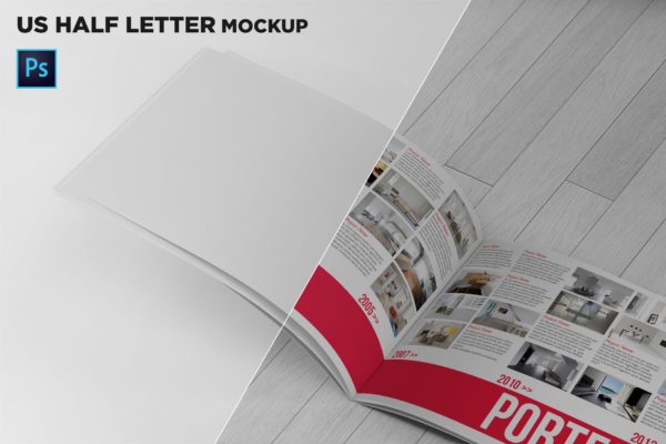 横版设计企业&品牌宣传册左侧特写图样机模板 US Half Letter Brochure Mockup Closeup Left Page