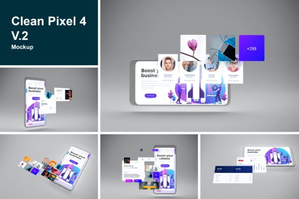 不同角度呈现Pixel 4智能手机样机模板v.2 Clean Pixel 4 Mockup V.2