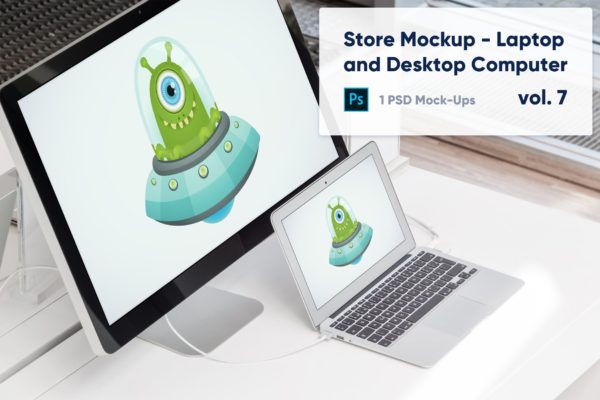 零售店展柜笔记本&一体机电脑屏幕预览样机v7 Laptop and Desktop Computer Mockup in the Store