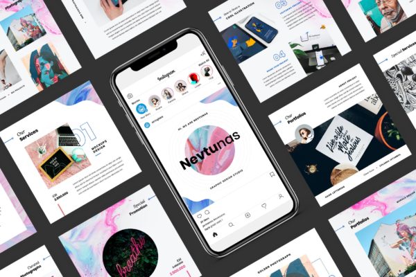 创意正方形布局时尚品牌介绍PPT幻灯片模板 Nevtunas – Instagram PowerPoint Template