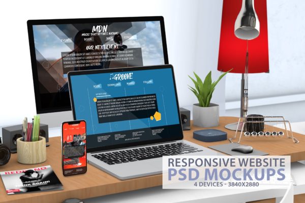 办公桌场景响应式网站UI设计效果图样机 Responsive Website PSD Mock-up Desk