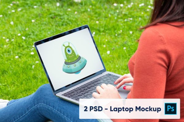 MacBook笔记本女性使用场景屏幕预览样机PSD模板v2 Woman using laptop in the garden – 2 PSD Mockups